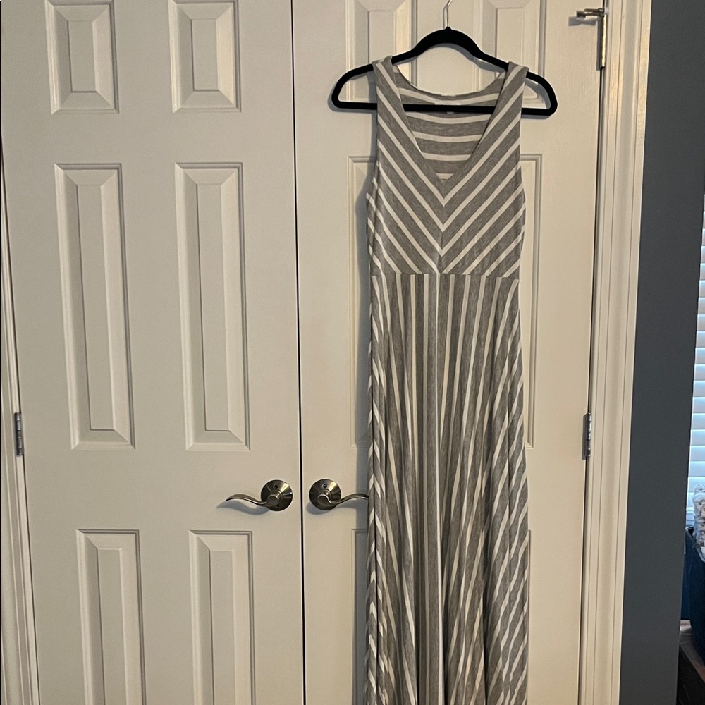 Athleta Gray and White Striped Maxi Dress
